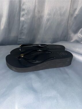 Tory Burch Black Platform Flip Flop Sandals with Gold Logo